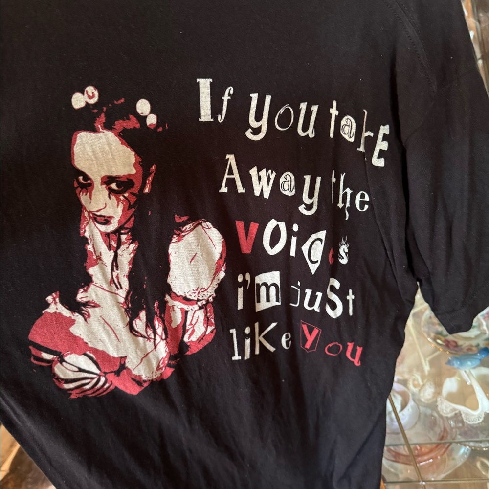 Black Graphic T-Shirt with Red and White Design